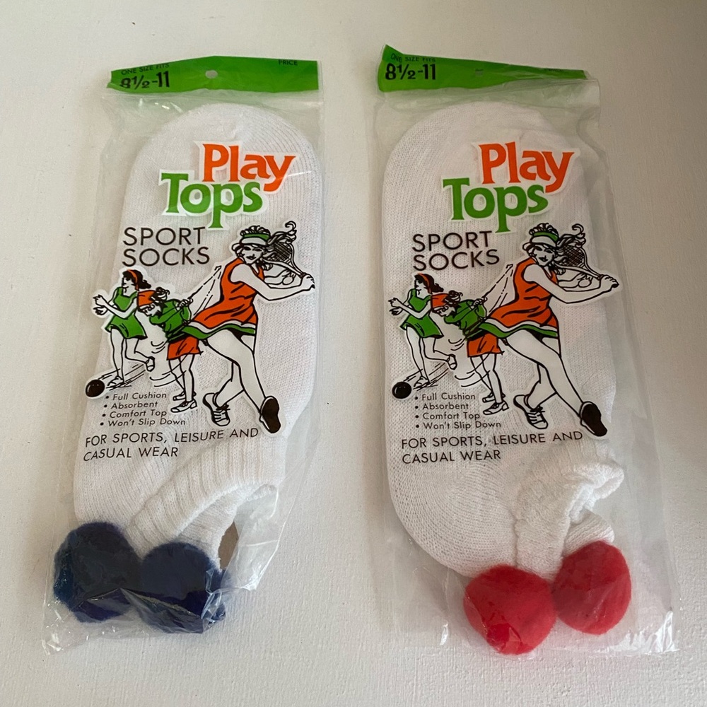 New in package Vintage Red & Blur Pom Pom Tennis Socks from the 80s